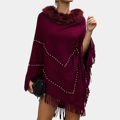 Ladies Red Knit Poncho - Elegant With Detailed Features