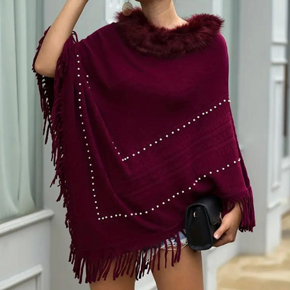 Ladies Red Knit Poncho - Elegant With Detailed Features