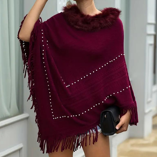 Ladies Red Knit Poncho - Elegant With Detailed Features