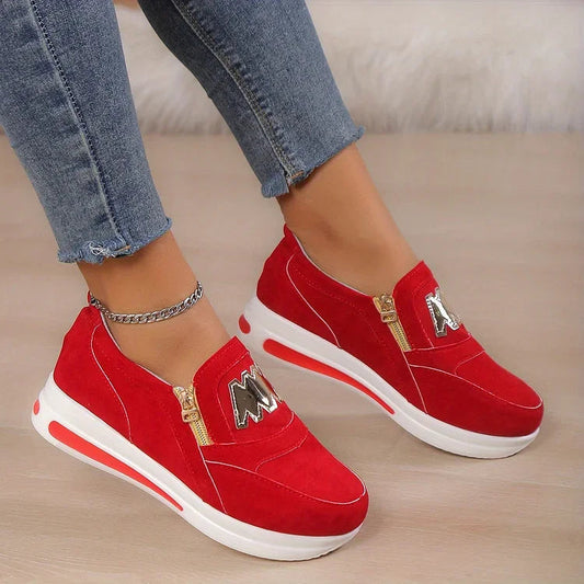Ladies Slip-On Sneakers - Cozy Black Casual Shoes With Zip Detail