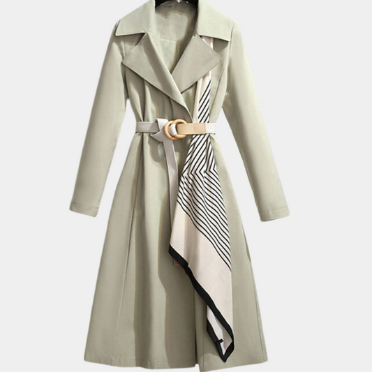 Ladies Trench Coat - Elegant Belted Long Coat With Stylish Scarf