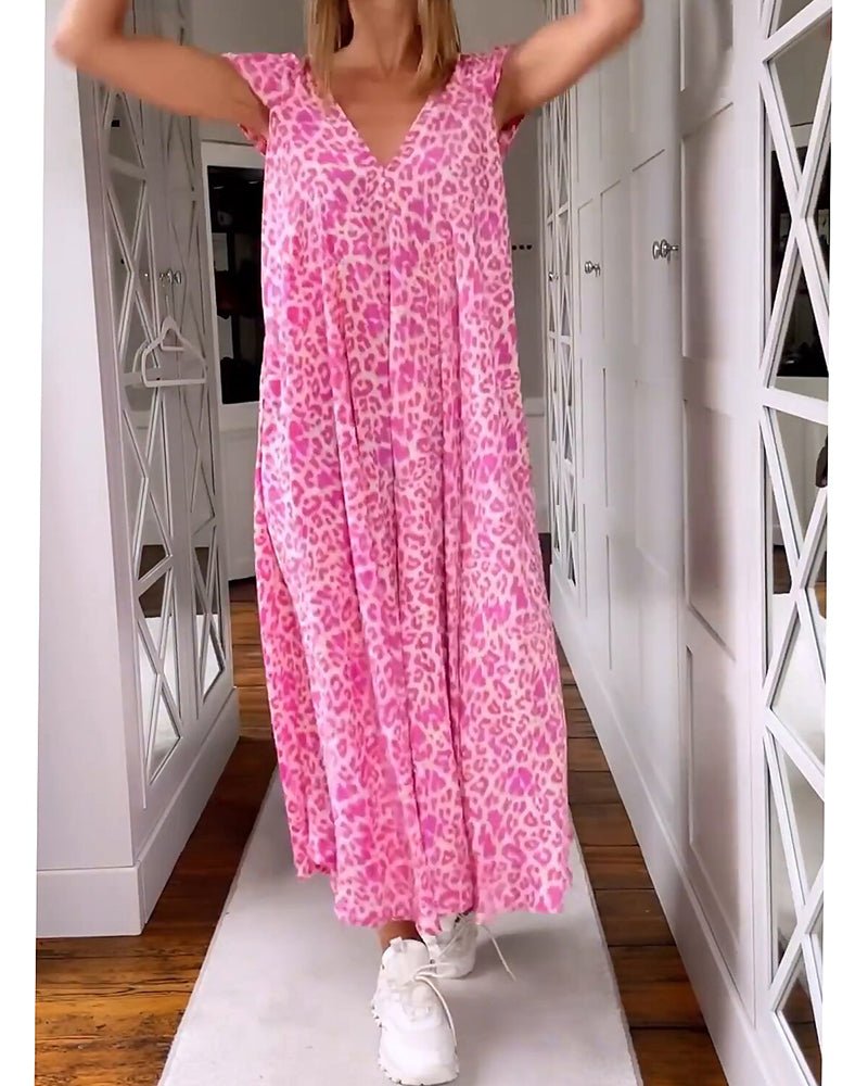 Ladies V-Neck Midi Dress - Pink Leopard Print Dress With Relaxing Fit