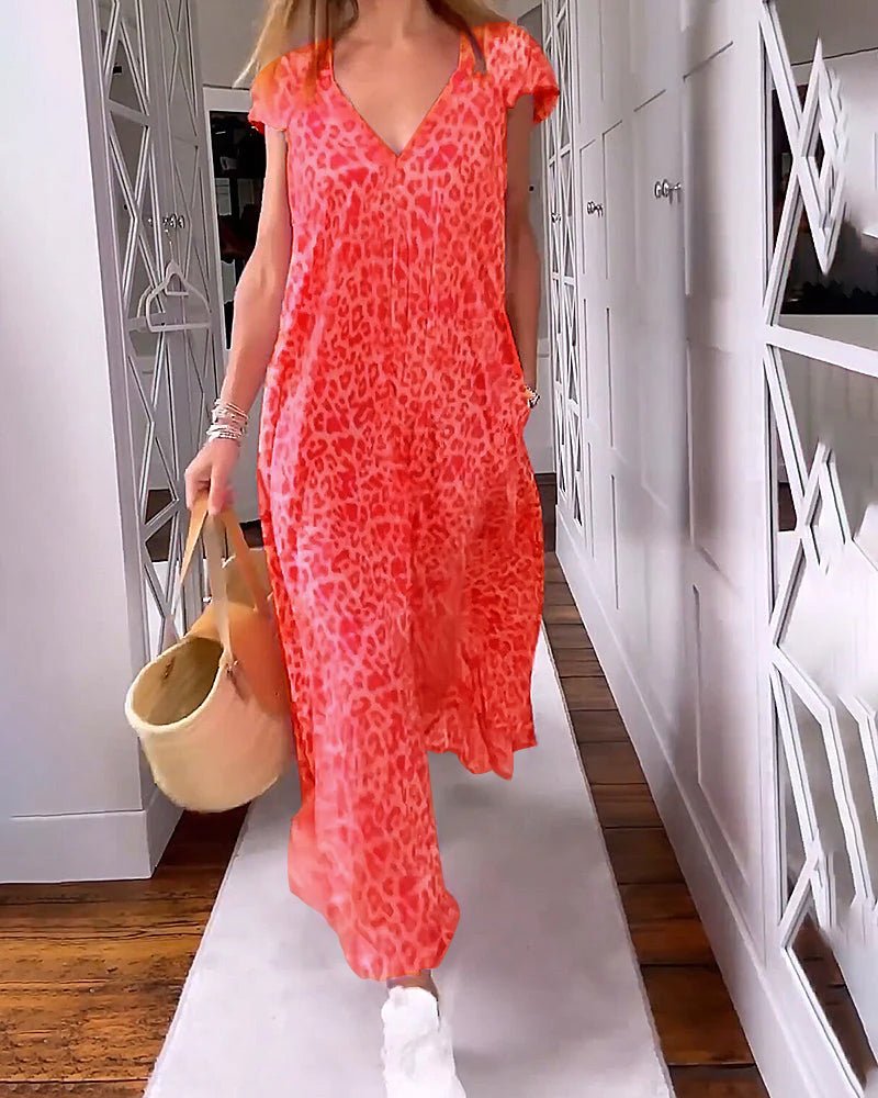 Ladies V-Neck Midi Dress - Pink Leopard Print Dress With Relaxing Fit