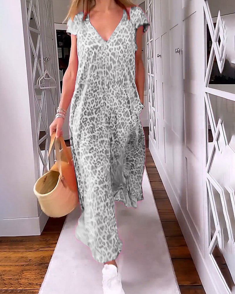Ladies V-Neck Midi Dress - Pink Leopard Print Dress With Relaxing Fit