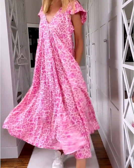 Ladies V-Neck Midi Dress - Pink Leopard Print Dress With Relaxing Fit