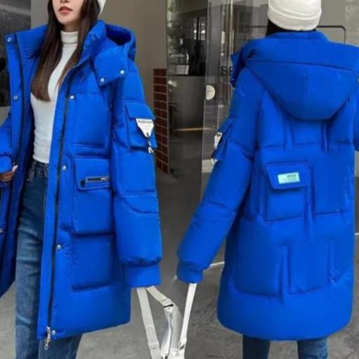 Ladies Winter Parka - Insulated Long Blue Coat With Practical Pockets