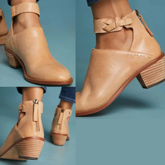 Leather Ankle Boots - Trendy Ladies Heeled Ankle Boot With Zipper And Buckle Detail