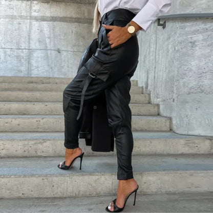 Leather Cargo Trousers - Sleek Black Ladies Trousers