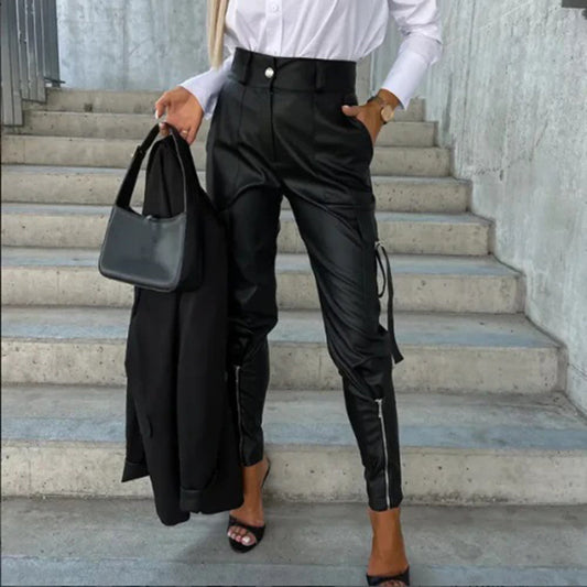 Leather Cargo Trousers - Sleek Black Ladies Trousers