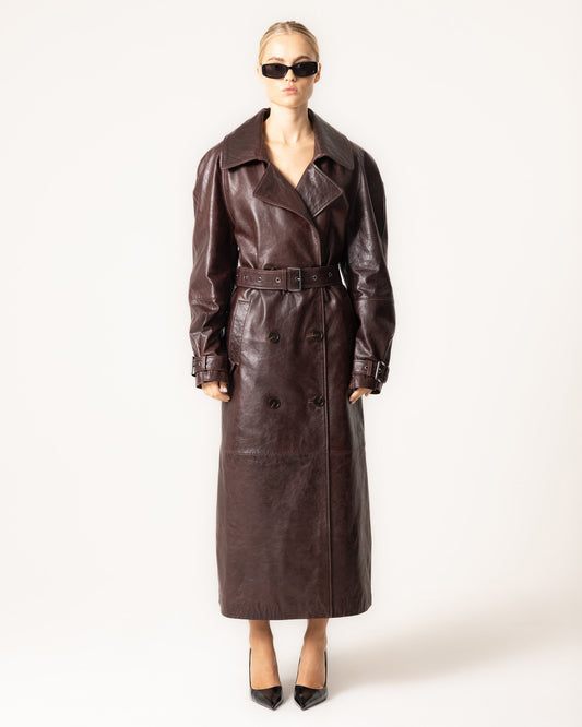 Leather Trench Coat - Burgundy Belted Ladies Coat