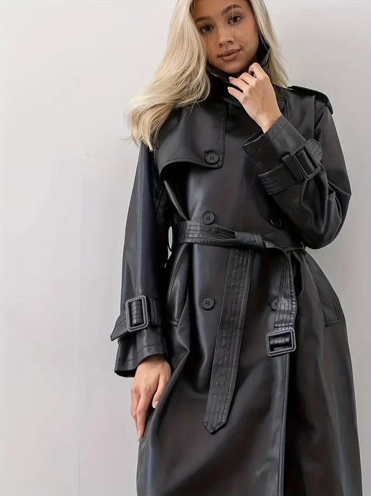 Leather Trench Coat - Stylish Long Black Ladies Coat