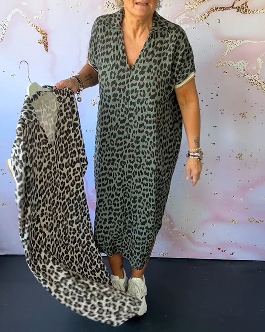Leopard Print Dress With V-Neck - Fashionable Ladies Maxi Dress