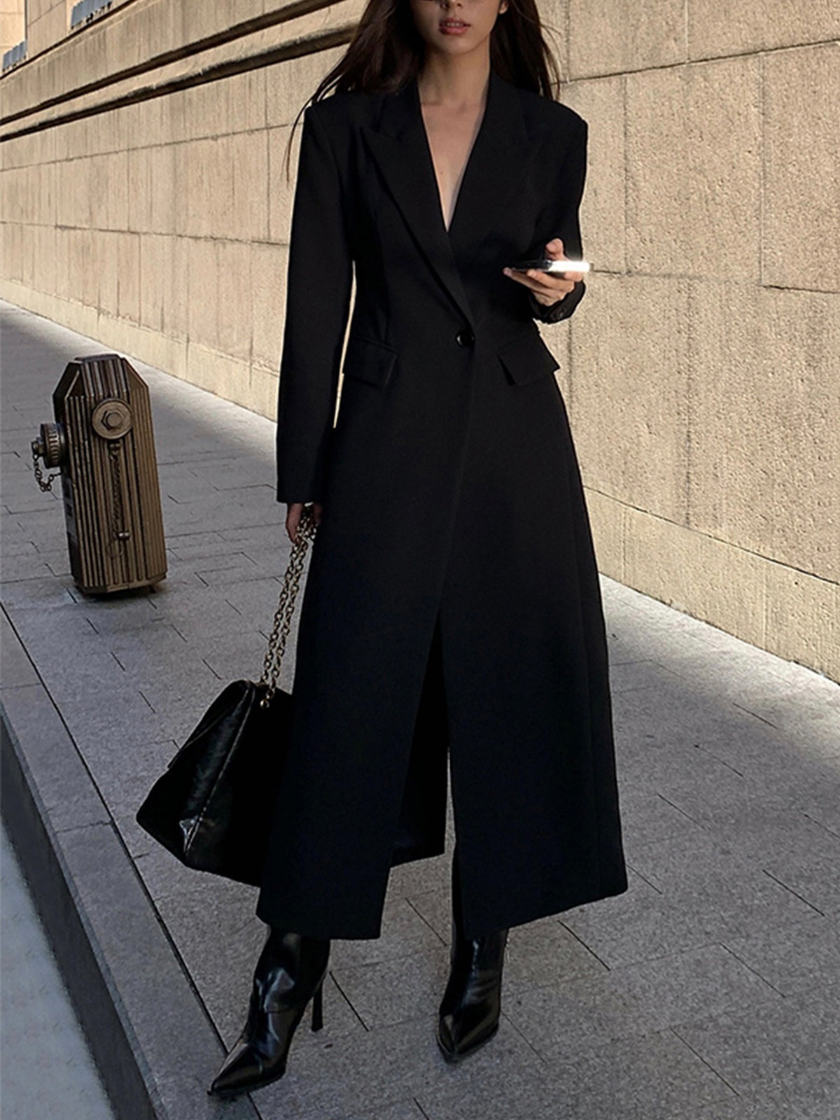 Long Black Ladies Trench Coat - Sleek Tailored Overcoat