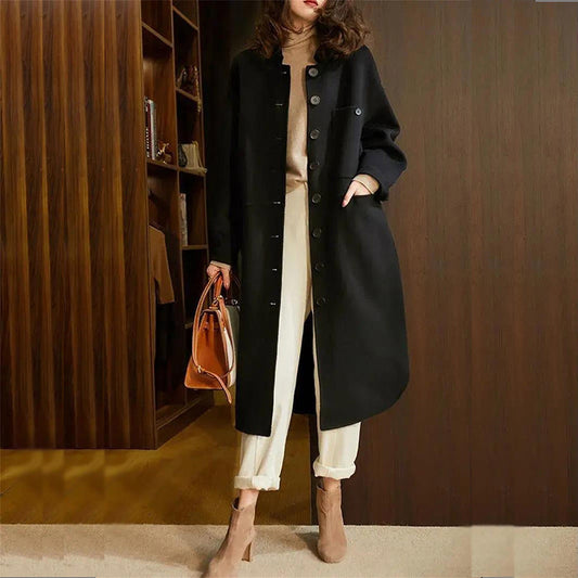 Long Button-Up Coat - Elegant Tailored Ladies Outerwear