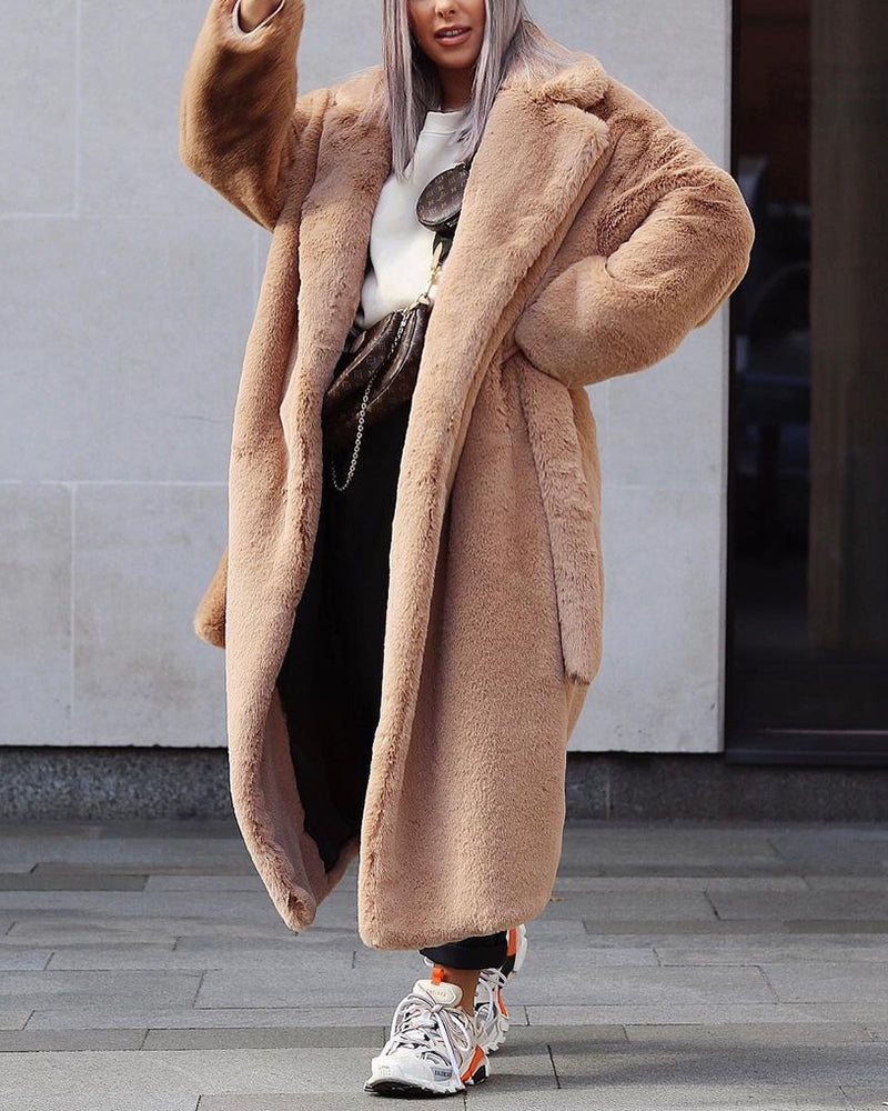 Long faux fur coat - ladies' belted plush outerwear