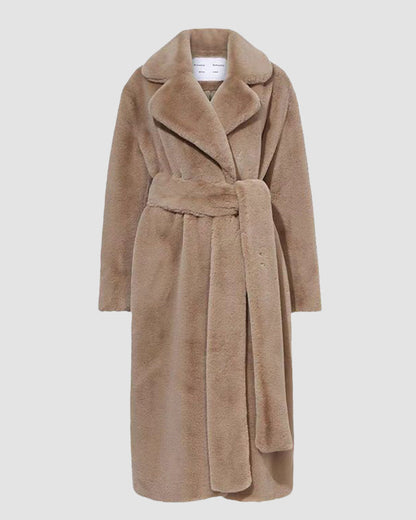Long faux fur coat - ladies' belted plush outerwear