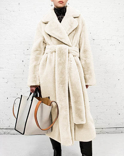 Long faux fur coat - ladies' belted plush outerwear