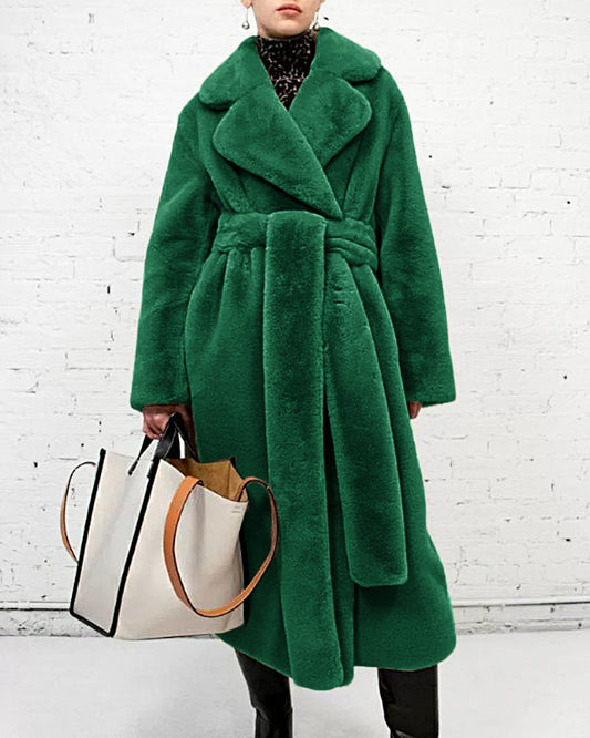 Long faux fur coat - ladies' belted plush outerwear