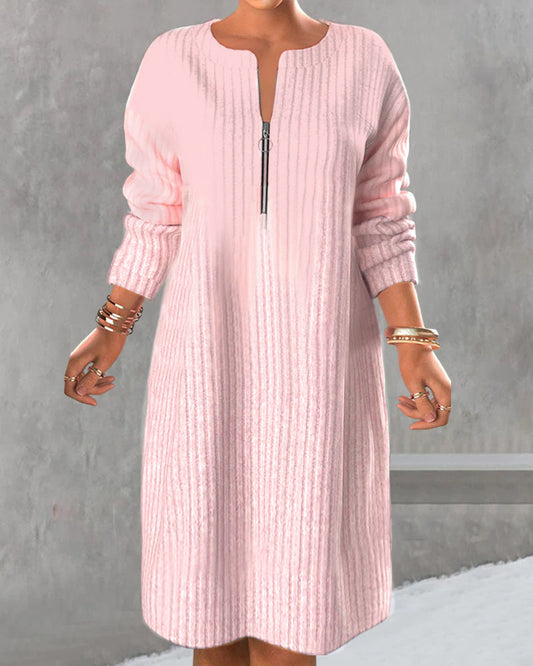 Long Knitted Dress With Zip - Chic Winter Attire For Ladies