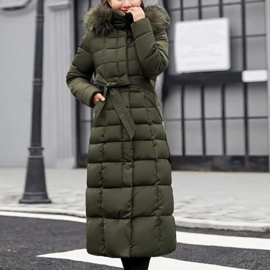 Long Padded Coat - Stylish Ladies Winter Outerwear With Faux Fur Hood