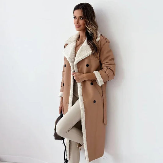 Long trench coat - stylish warm ladies coat with shearling detail