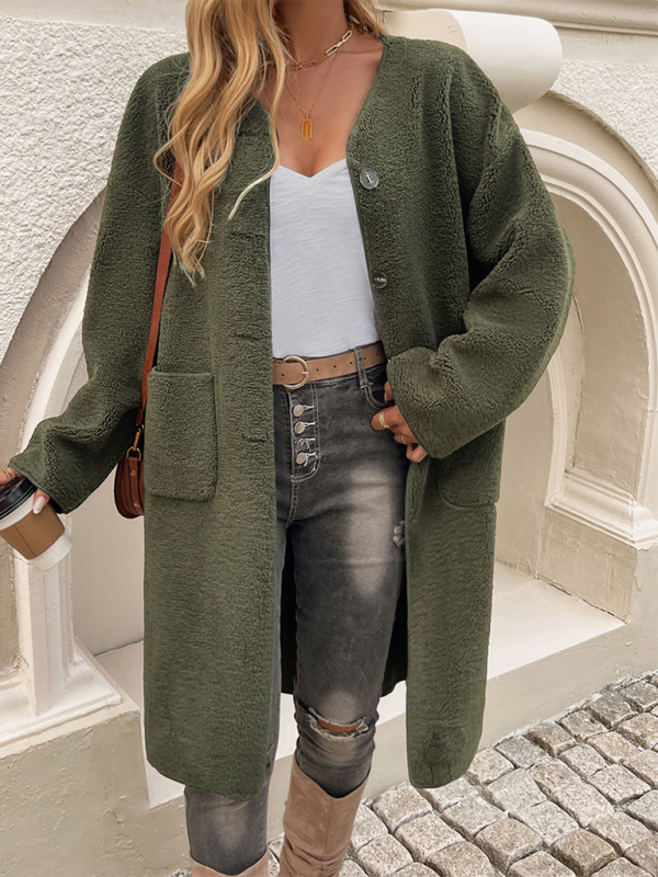 Longline Teddy Coat - Button-Up Ladies Outerwear With Pockets