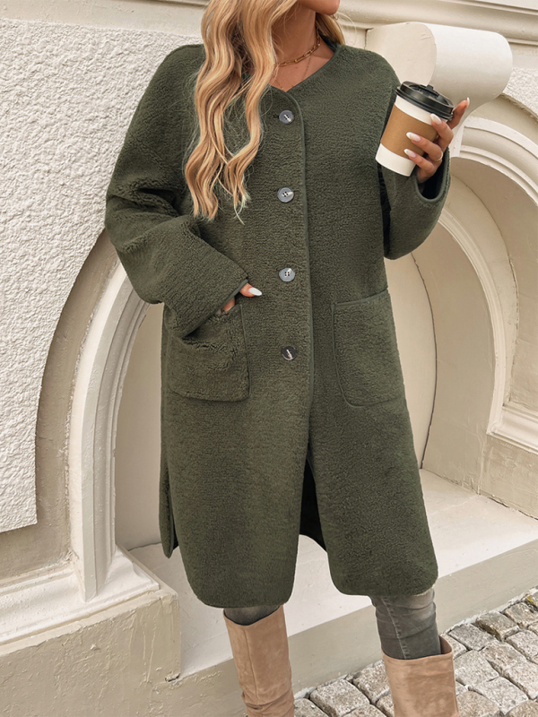 Longline Teddy Coat - Button-Up Ladies Outerwear With Pockets