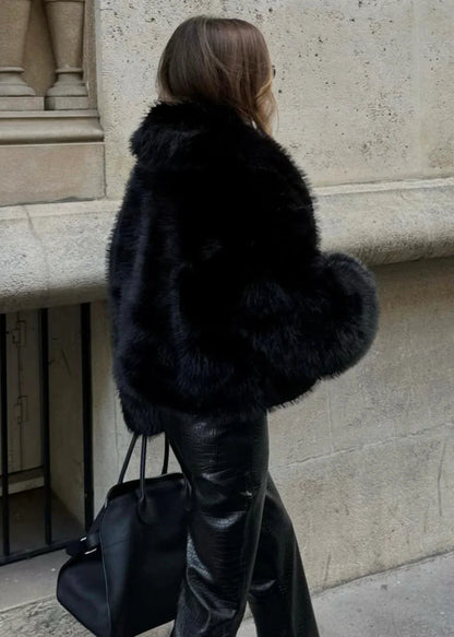 Luxe faux fur polo collar jacket - black ladies outerwear