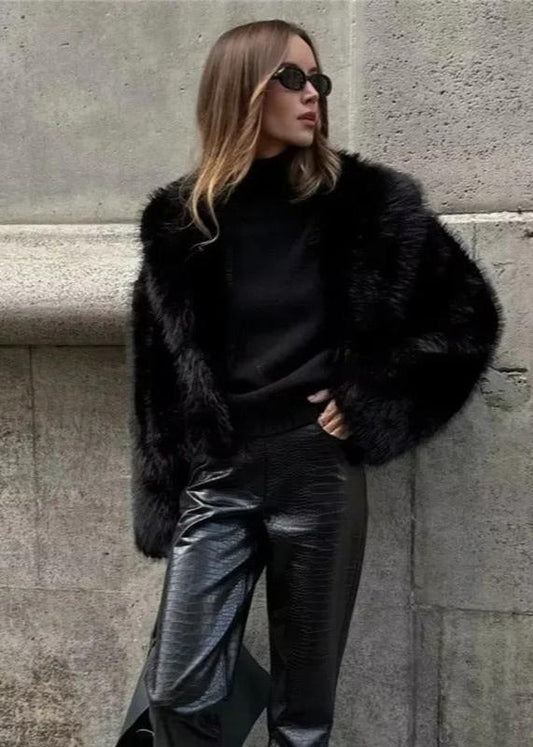 Luxe faux fur polo collar jacket - black ladies outerwear