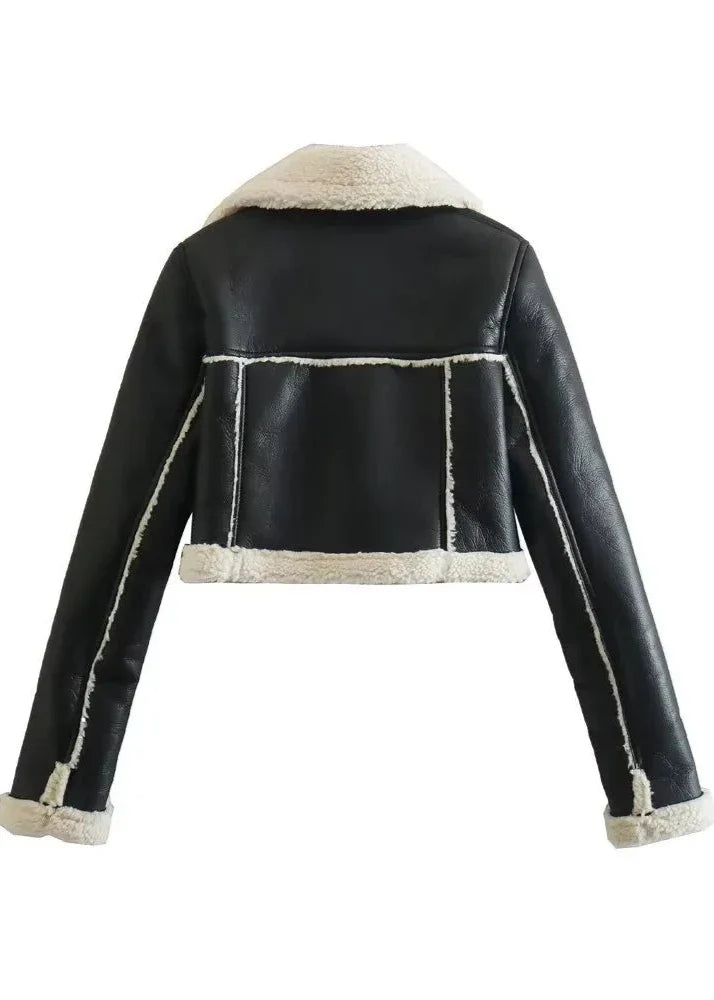 Luxe sherpa trim leather jacket - short zippered black ladies coat