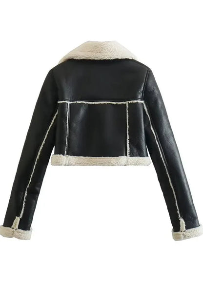Luxe sherpa trim leather jacket - short zippered black ladies coat