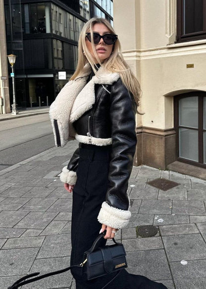 Luxe sherpa trim leather jacket - short zippered black ladies coat