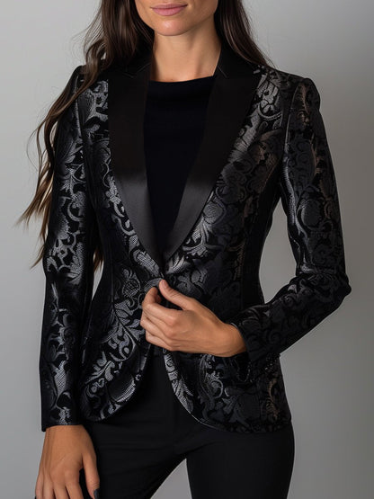 Luxury Black And Silver Floral Jacquard Blazer - Women'S Elegant Evening Jacket
