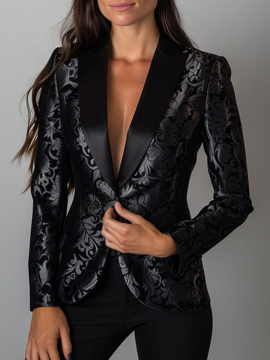 Luxury Black And Silver Floral Jacquard Blazer - Women'S Elegant Evening Jacket