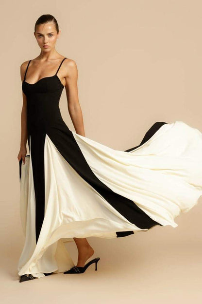 Maxi Dress - Black Panelled Tulle A-Line Slip Dress