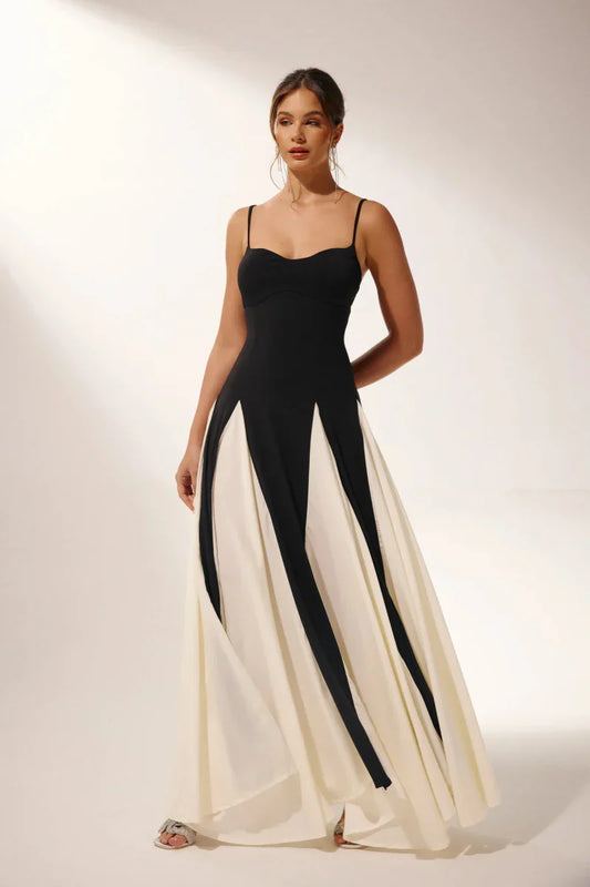 Maxi Dress - Black Panelled Tulle A-Line Slip Dress