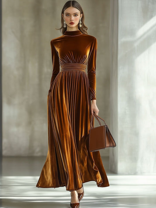 Maxi Dress - Caramel Long Sleeve Ladies Velvet Dress