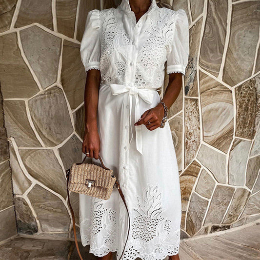 Maxi Dress - Elegant Ladies Embroidered Button-Up Dress
