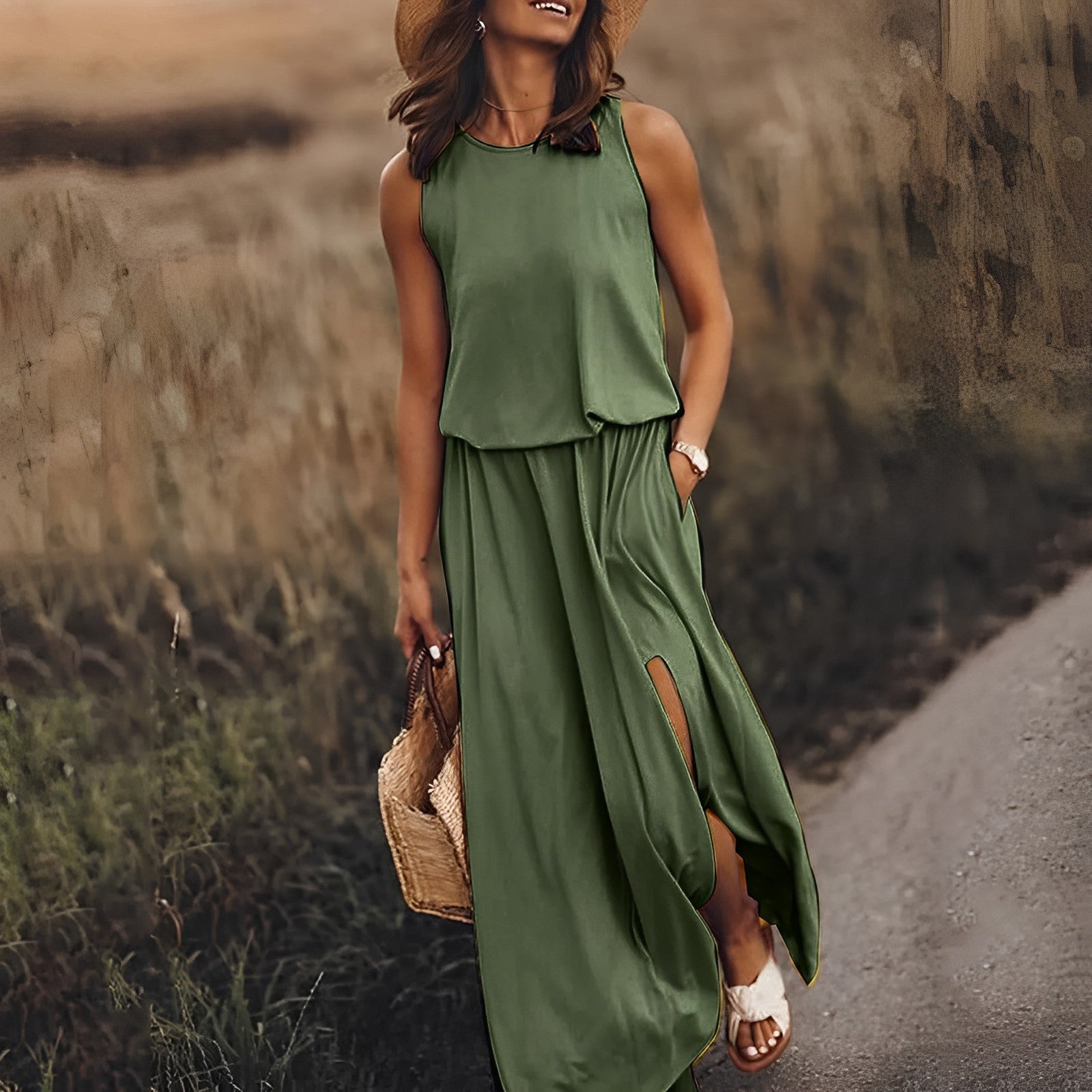 Maxi Dress - Elegant Sleeveless Ladies Dress With Side Slits