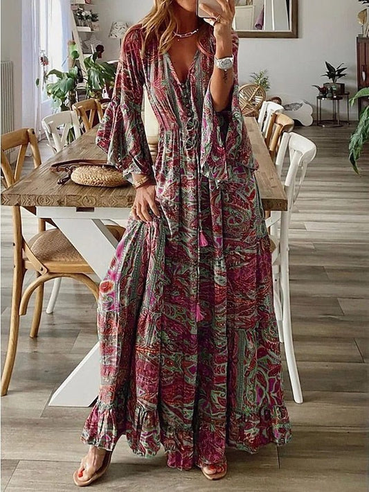 Maxi Dress - Flowing Pink Printed Long Dress For Ladies