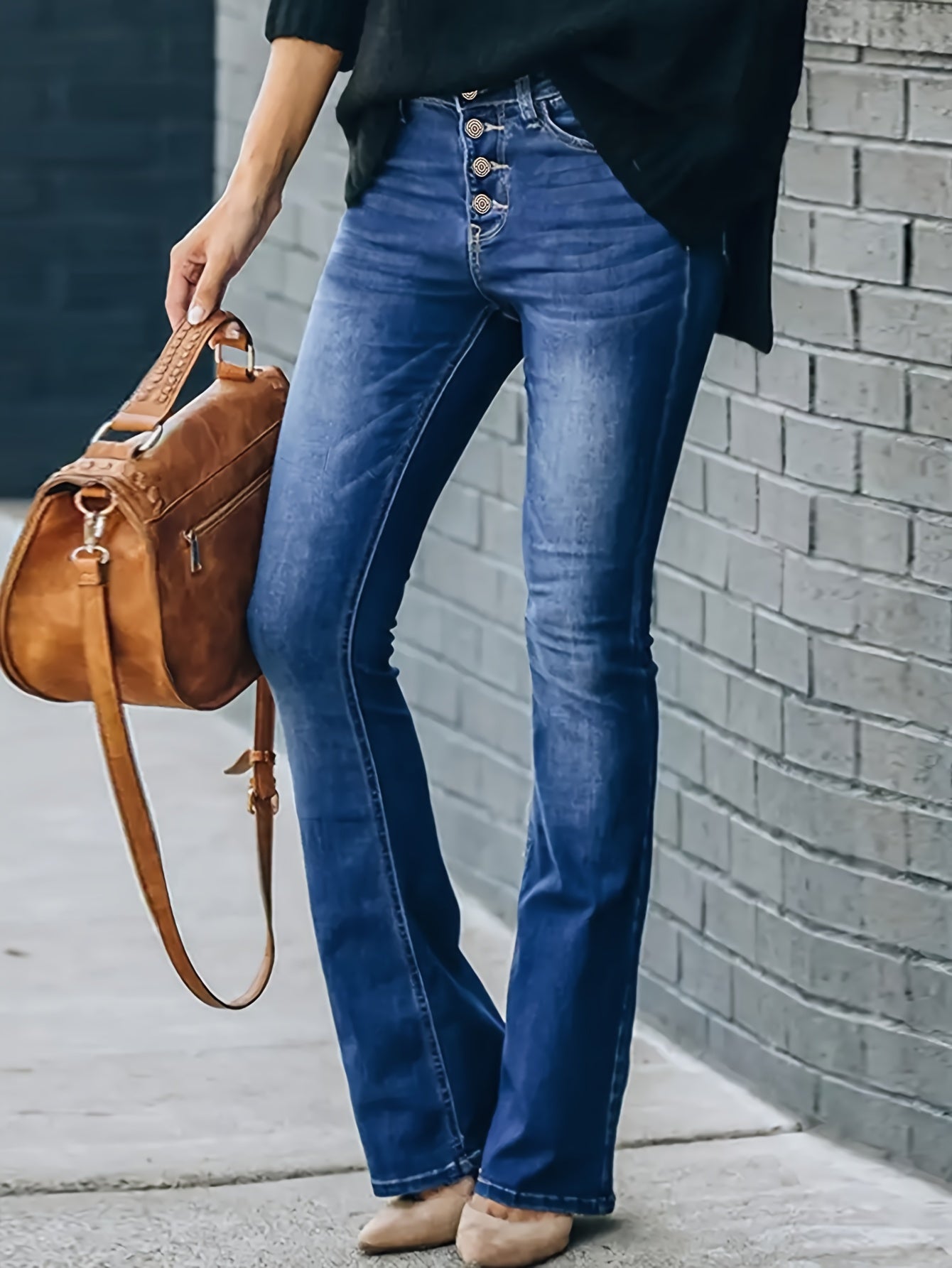 Medium Blue High-Waisted Ladies Flared Jeans - Relaxed Fit Denim Trousers