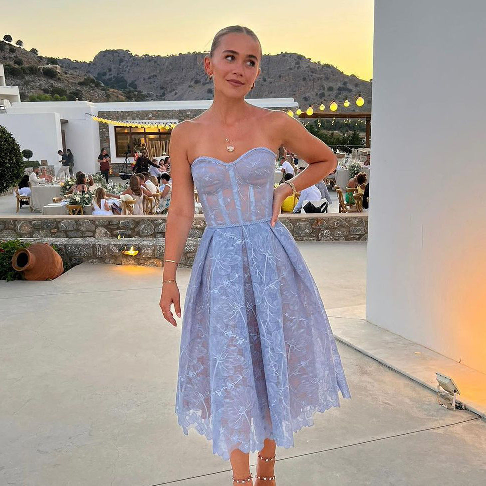 Midi Dress With Corset Top And Lace Details - Sophisticated Evening Attire For Ladies
