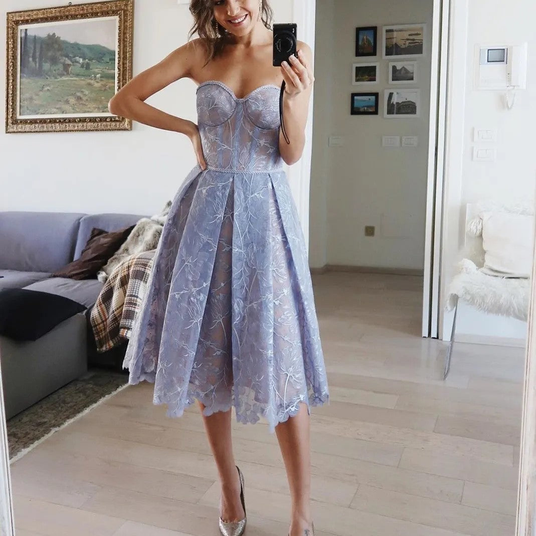 Midi Dress With Corset Top And Lace Details - Sophisticated Evening Attire For Ladies