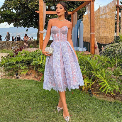 Midi Dress With Corset Top And Lace Details - Sophisticated Evening Attire For Ladies