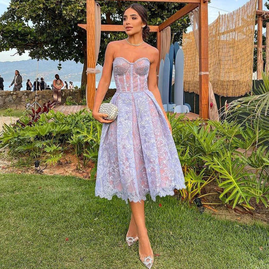 Midi Dress With Corset Top And Lace Details - Sophisticated Evening Attire For Ladies