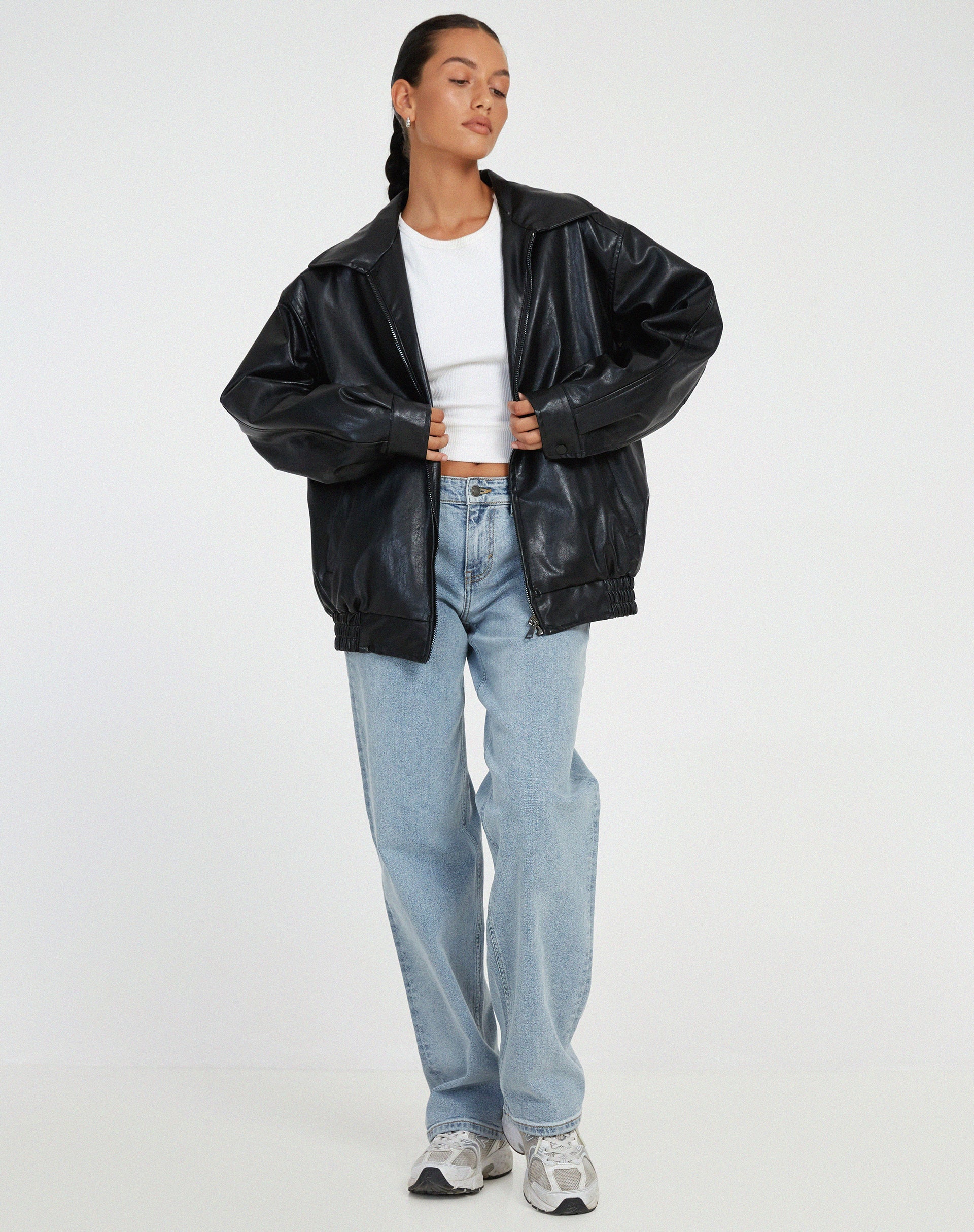Oversized leather jacket - stylish ladies outerwear