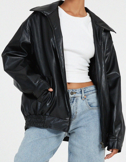 Oversized leather jacket - stylish ladies outerwear