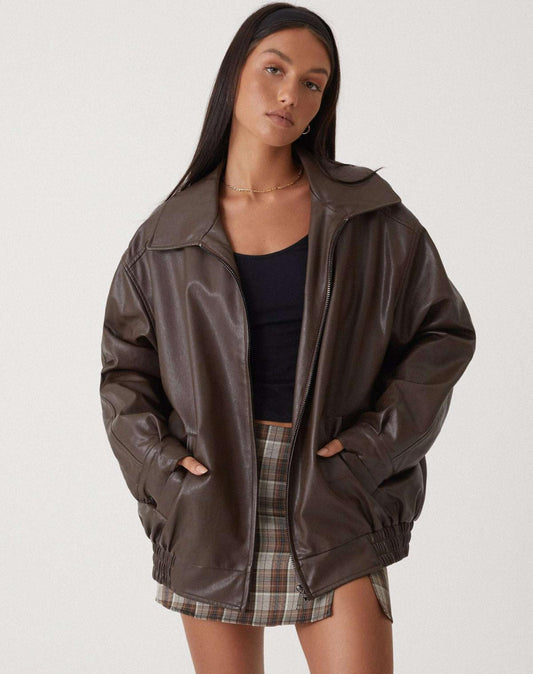 Oversized leather jacket - stylish ladies outerwear