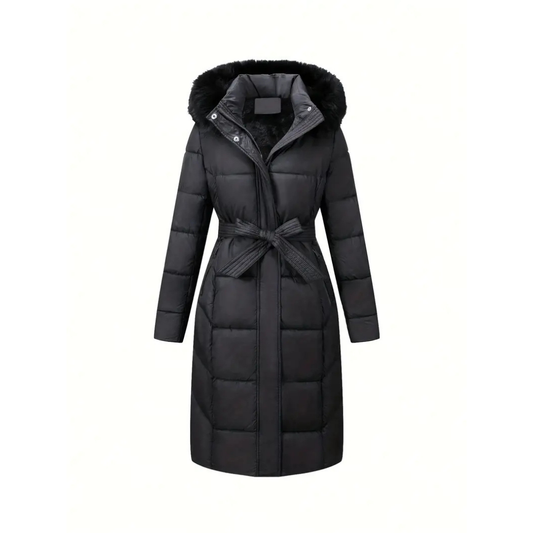 Padded Winter Coat - Stylish Black Ladies Coat With Fur Hood