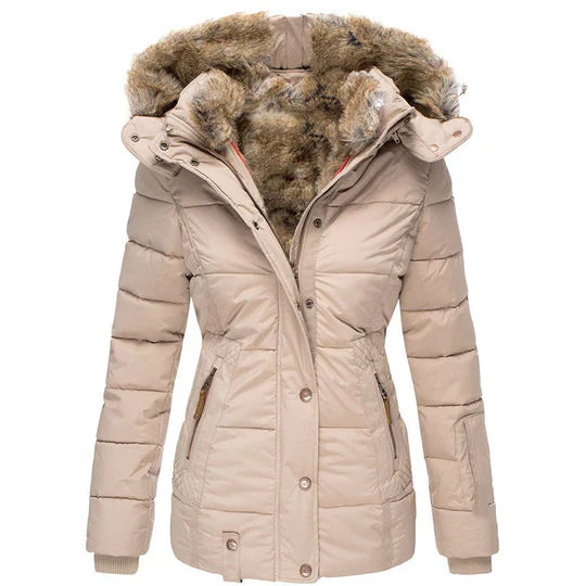 Padded Winter Coat - Trendy Ladies Insulated Jacket With Faux Fur Hood